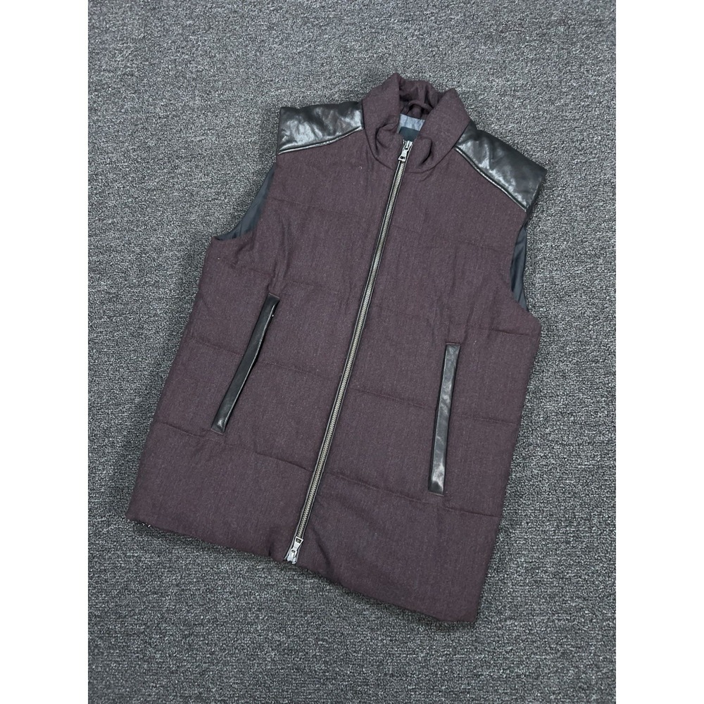 Vince Quilted Full Zip Puffer Vest Men's Small Burgundy Wool Lamb Leather Preppy